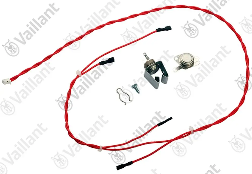 Vaillant Sensor mit Kabel, bestehend aus einem Metallgehäuse und verschiedenen Kabeln, in einem neutralen Umfeld abgebildet. Teile sind übersichtlich angeordnet.